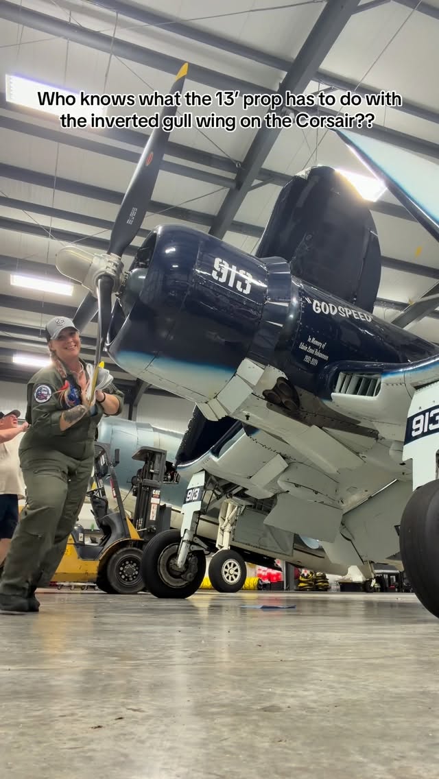 If you can’t tell…I LOVE MY JOB!!! Tell me in the comments what this massive 13ft prop has to do with the inverted gull wing on the Corsair! Let’s see who can get it right!! #corsair #warbird #texas #prop #godspeed