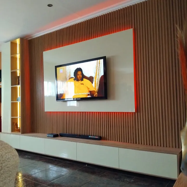 floating tv stand and kitchen